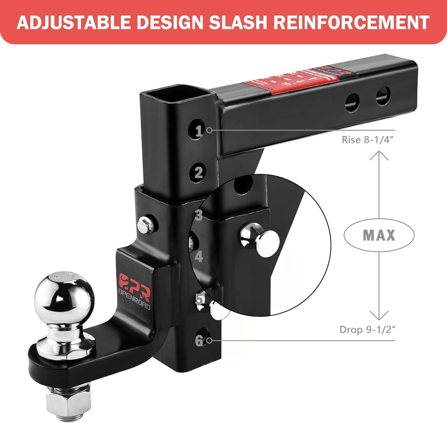 OPENROAD Adjustable Trailer Hitch Ball Mount - Fits 2-Inch Receiver, 2 Tow Balls, 7500lbs, 9-1/2 Drop/ 8-1/4 Rise, Heavy Duty Truck Hitch with Stainless Steel Pins and Lock